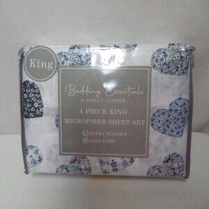 Ashley Cooper Flora blue Heart flower 4 piece Micro Fiber King sheet set NEW NWT